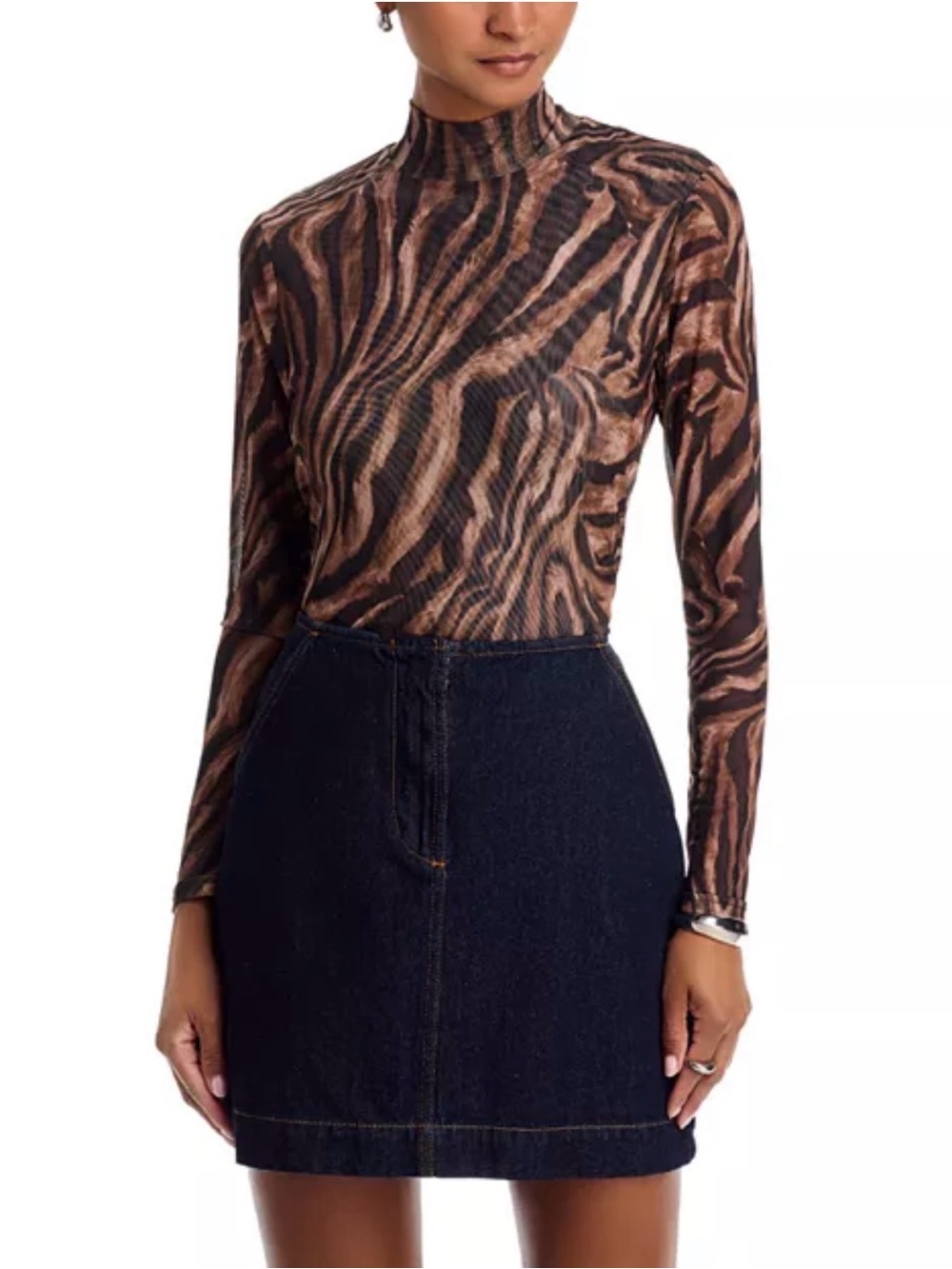 Aqua Brown & Black Zebra-Print Sheer Mock-Neck Top